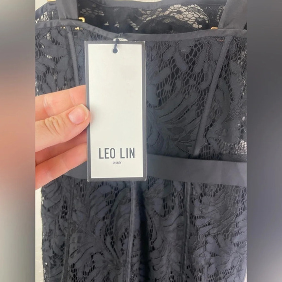 LEO LIN Clover Lace Bustier Ruffle Midi Dress in Black, size 8 Sleeveless - Picture 11 of 16